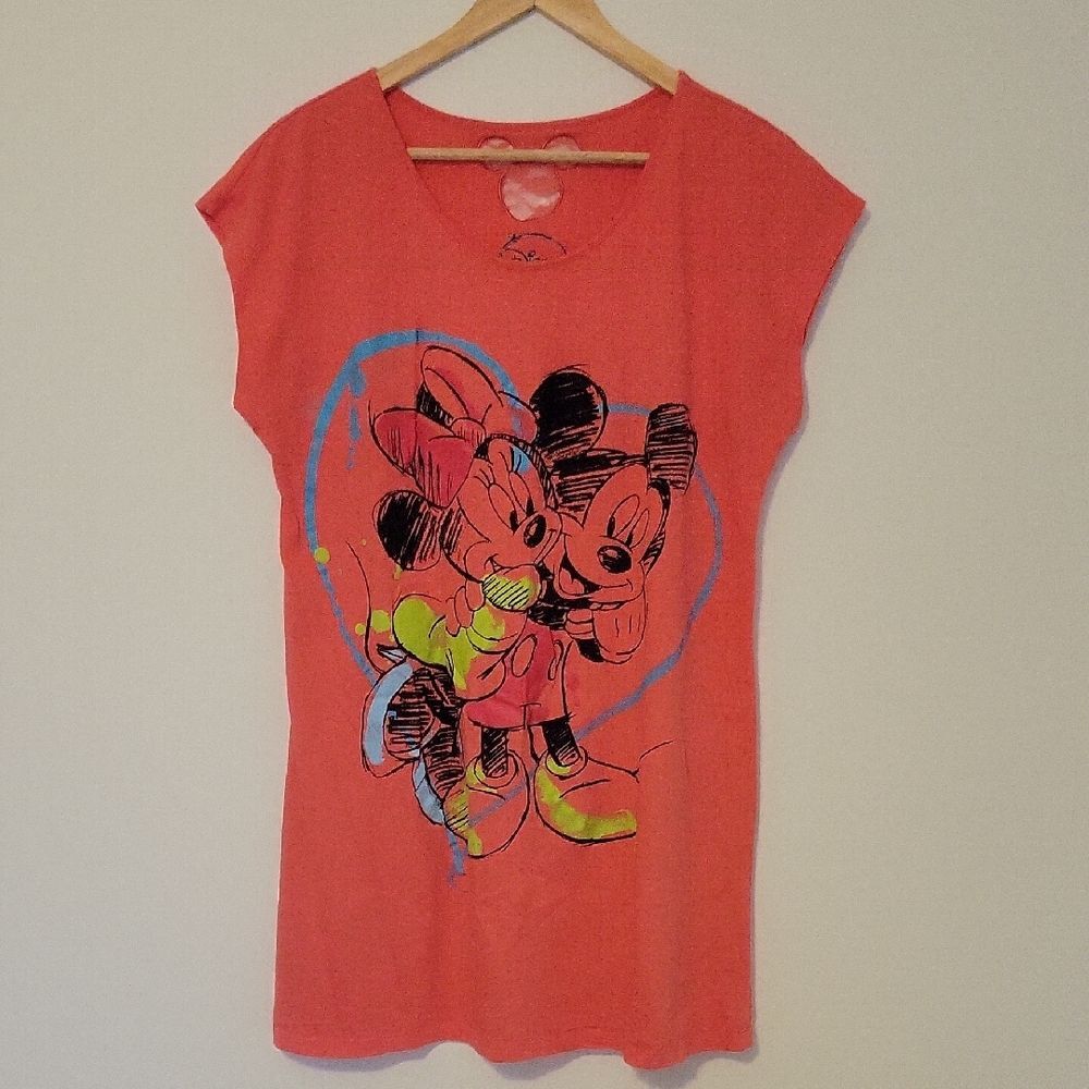 Disney Parks Mickey & Minnie Mouse Graphic Sleep Shirt / Tee - Coral Size L - Picture 1 of 4